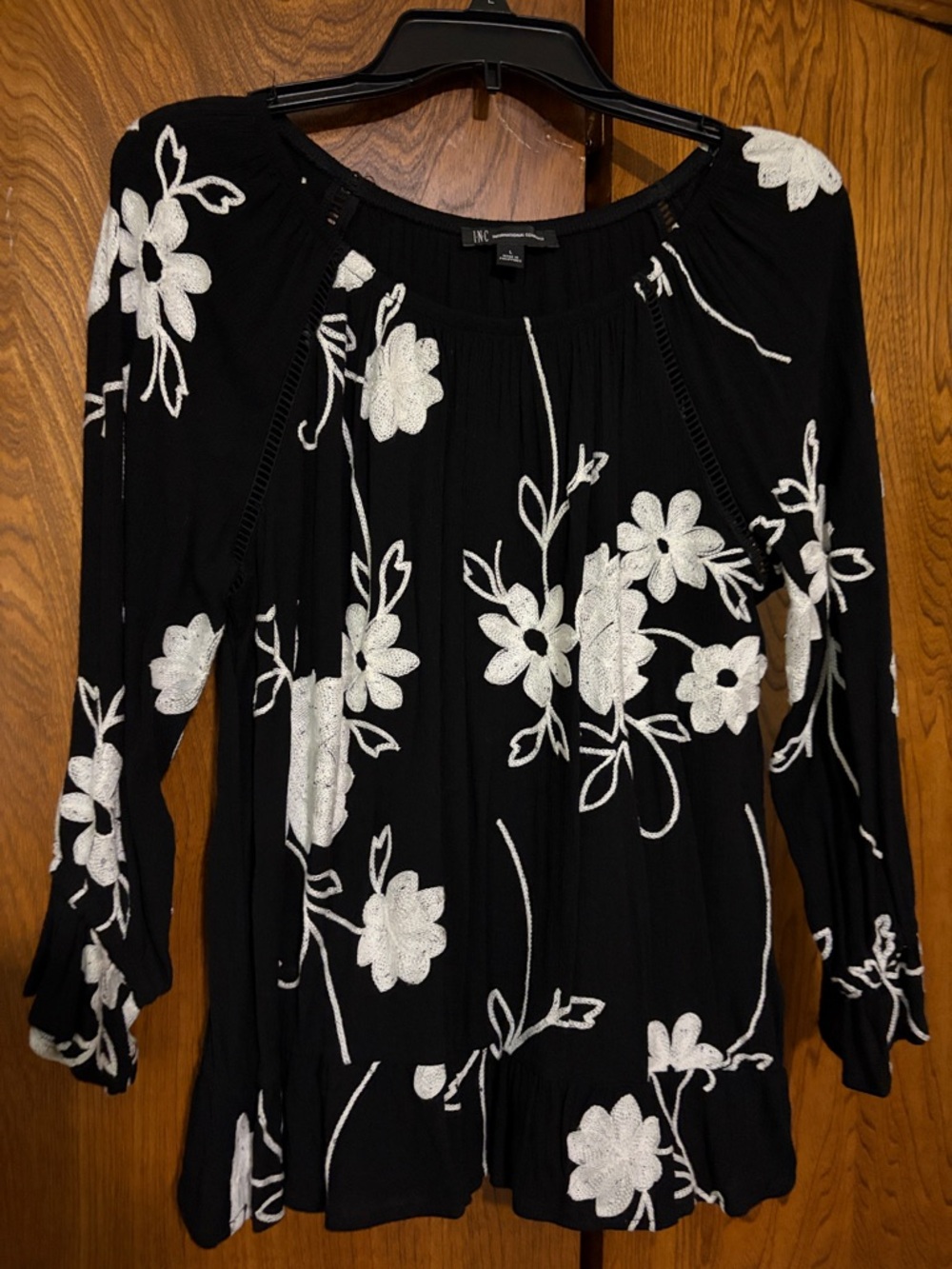 INC International Concepts Black Top with White Floral Embroidery